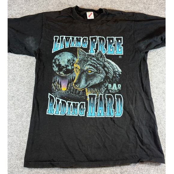 Vintage 90s Motorcycle Shirt Mens Large Black Graphic Wolf Riding Hard Grunge - Picture 1 of 7